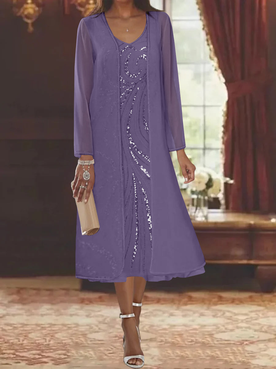 V Neck Long Sleeve Tea Length Mother of the Bride Dress with Jacket and Sequins