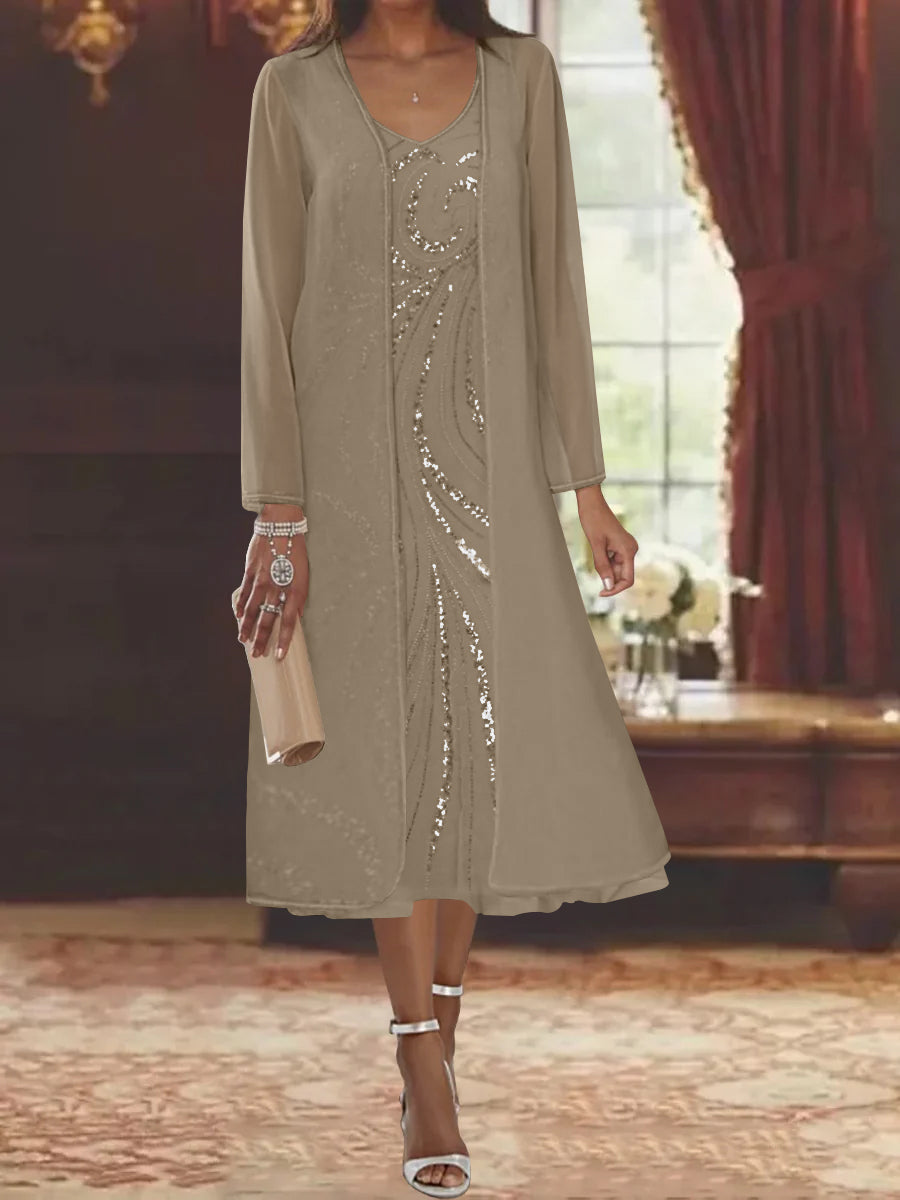 V Neck Long Sleeve Tea Length Mother of the Bride Dress with Jacket and Sequins