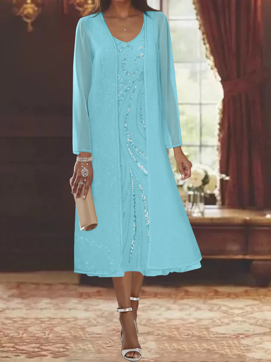 V Neck Long Sleeve Tea Length Mother of the Bride Dress with Jacket and Sequins