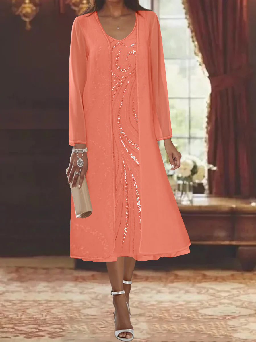 V Neck Long Sleeve Tea Length Mother of the Bride Dress with Jacket and Sequins