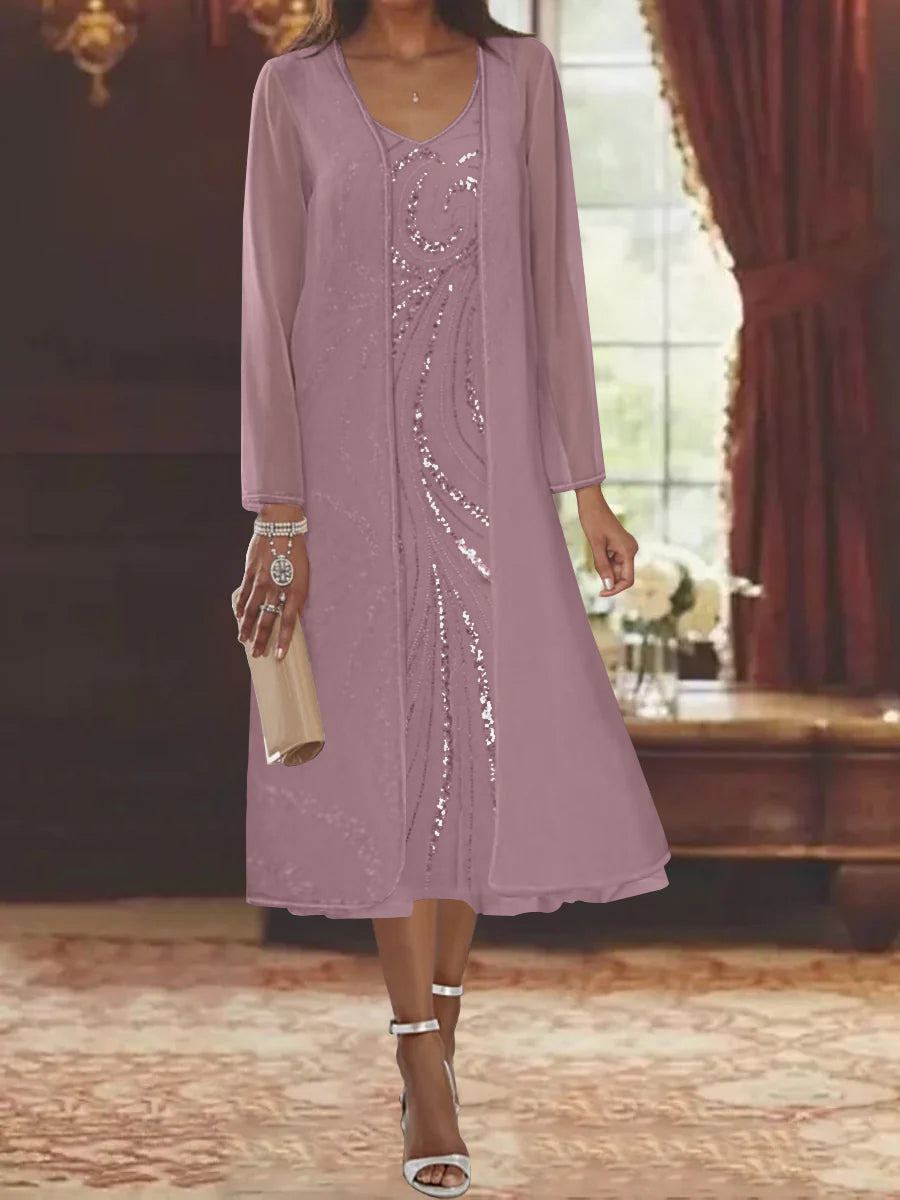 V Neck Long Sleeve Tea Length Mother of the Bride Dress with Jacket and Sequins
