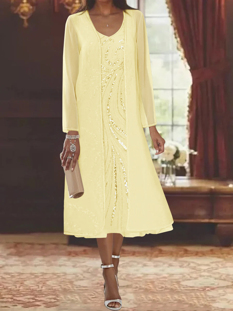 V Neck Long Sleeve Tea Length Mother of the Bride Dress with Jacket and Sequins