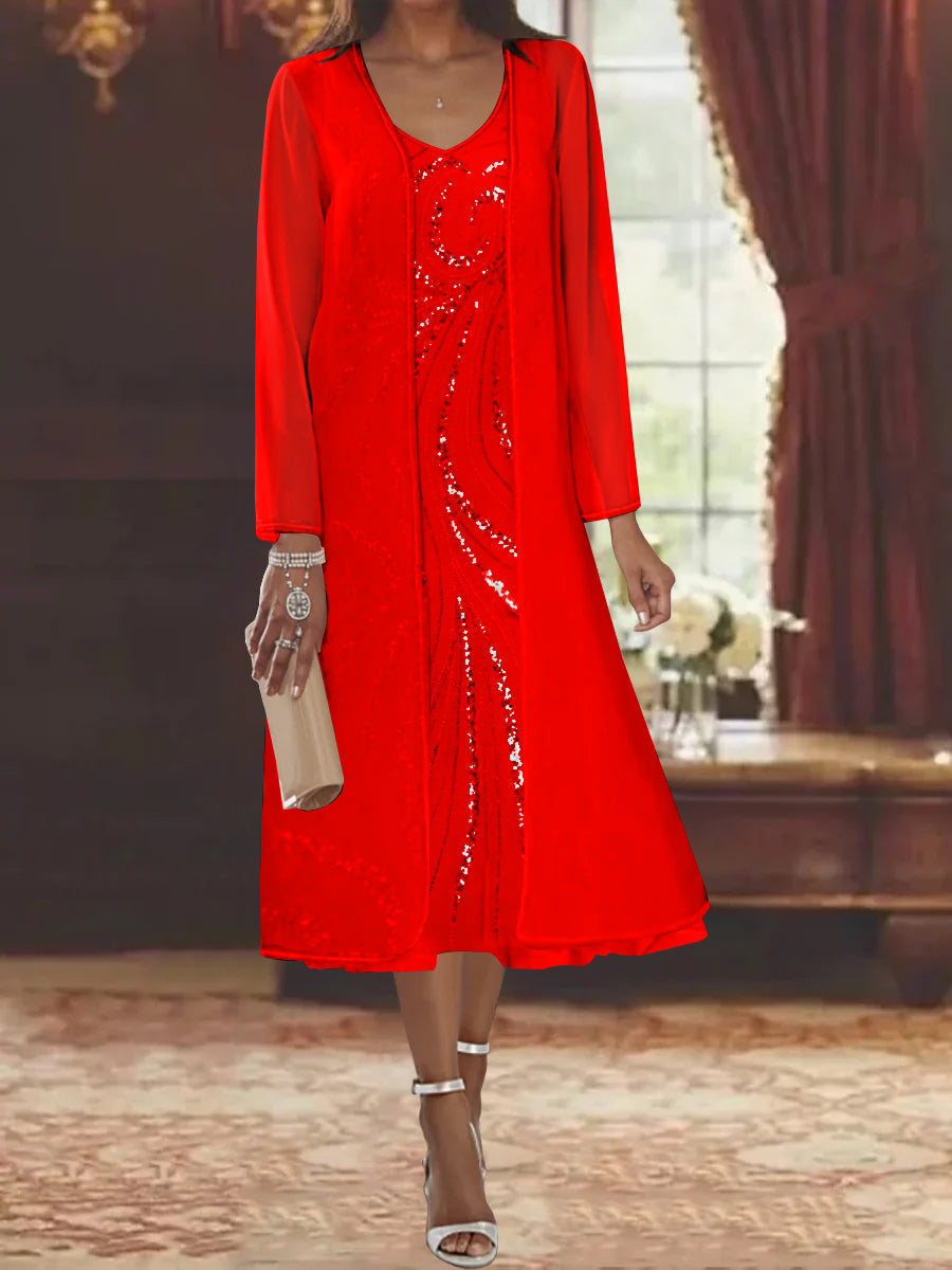 V Neck Long Sleeve Tea Length Mother of the Bride Dress with Jacket and Sequins
