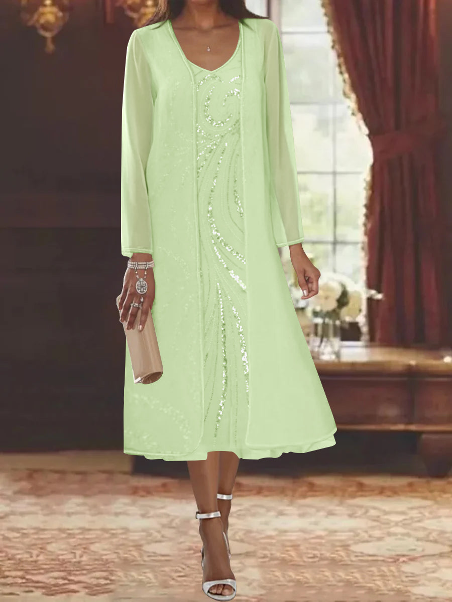 V Neck Long Sleeve Tea Length Mother of the Bride Dress with Jacket and Sequins