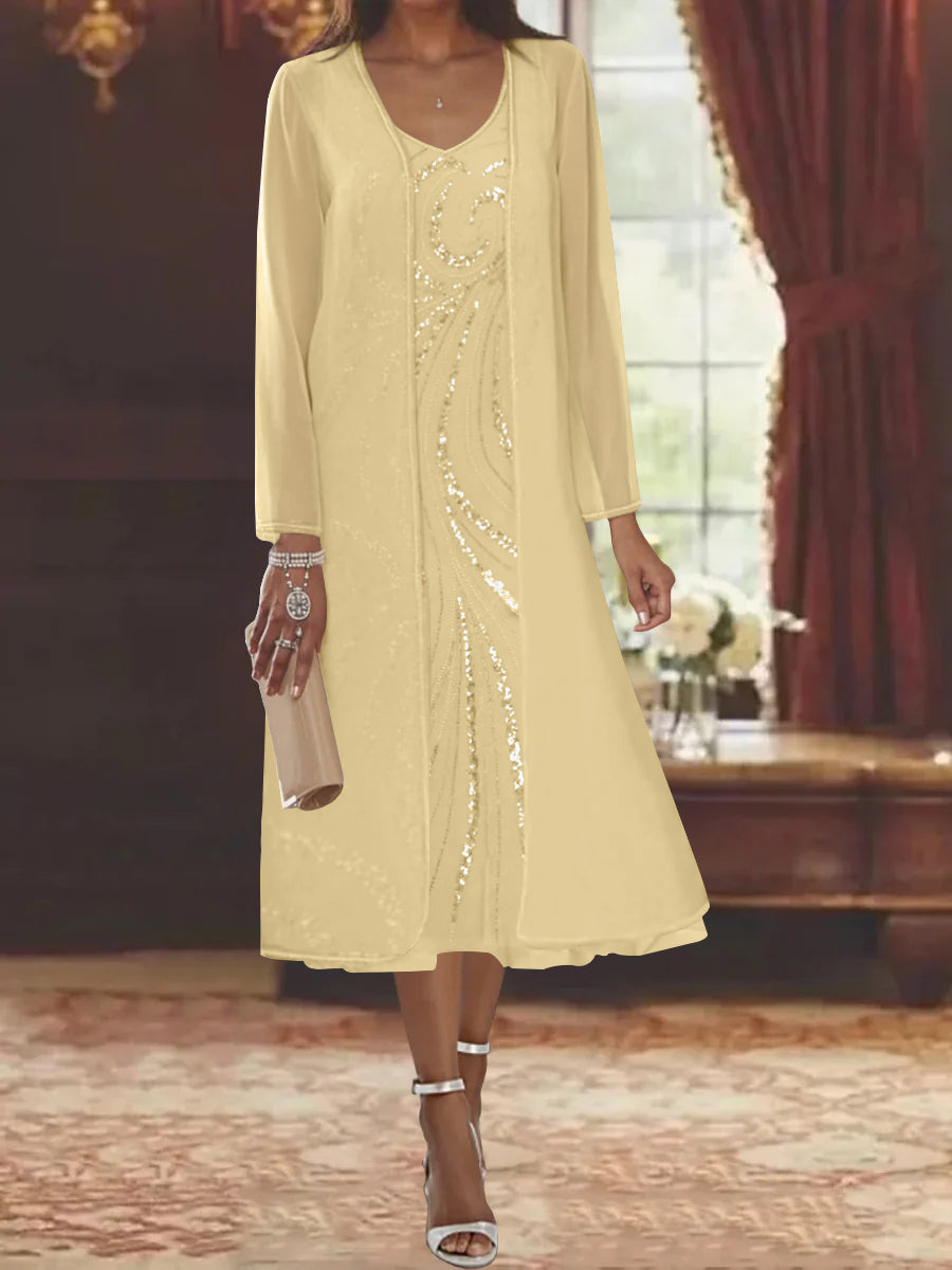 V Neck Long Sleeve Tea Length Mother of the Bride Dress with Jacket and Sequins