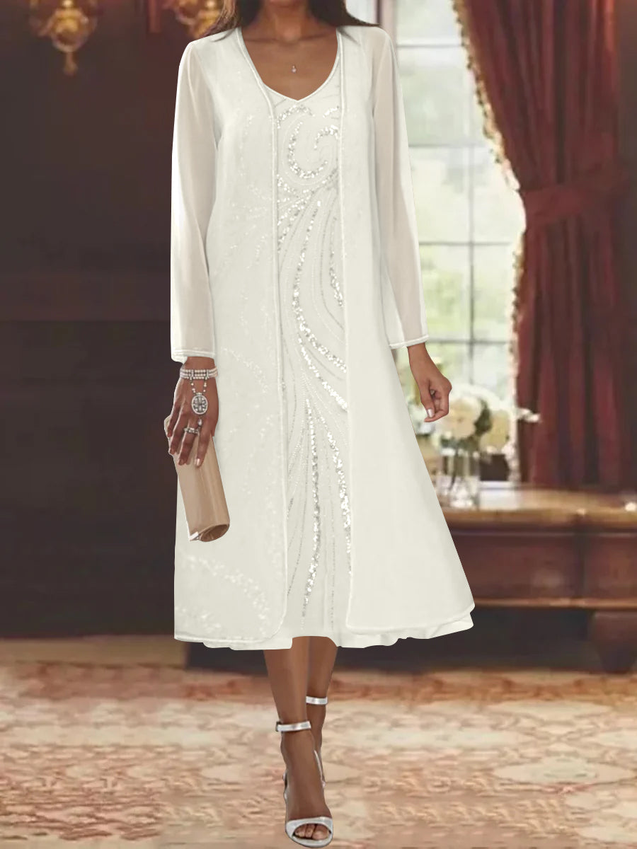 V Neck Long Sleeve Tea Length Mother of the Bride Dress with Jacket and Sequins