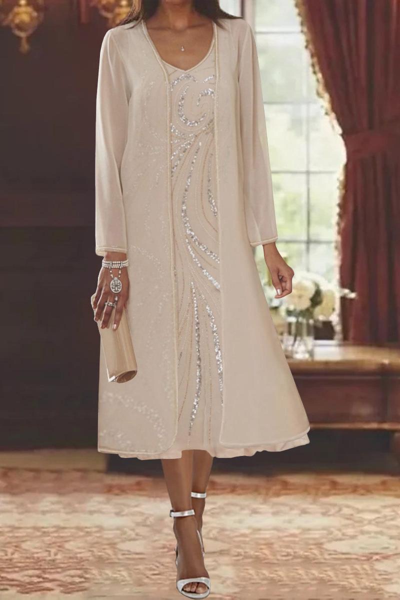 V Neck Long Sleeve Tea Length Mother of the Bride Dress with Jacket and Sequins