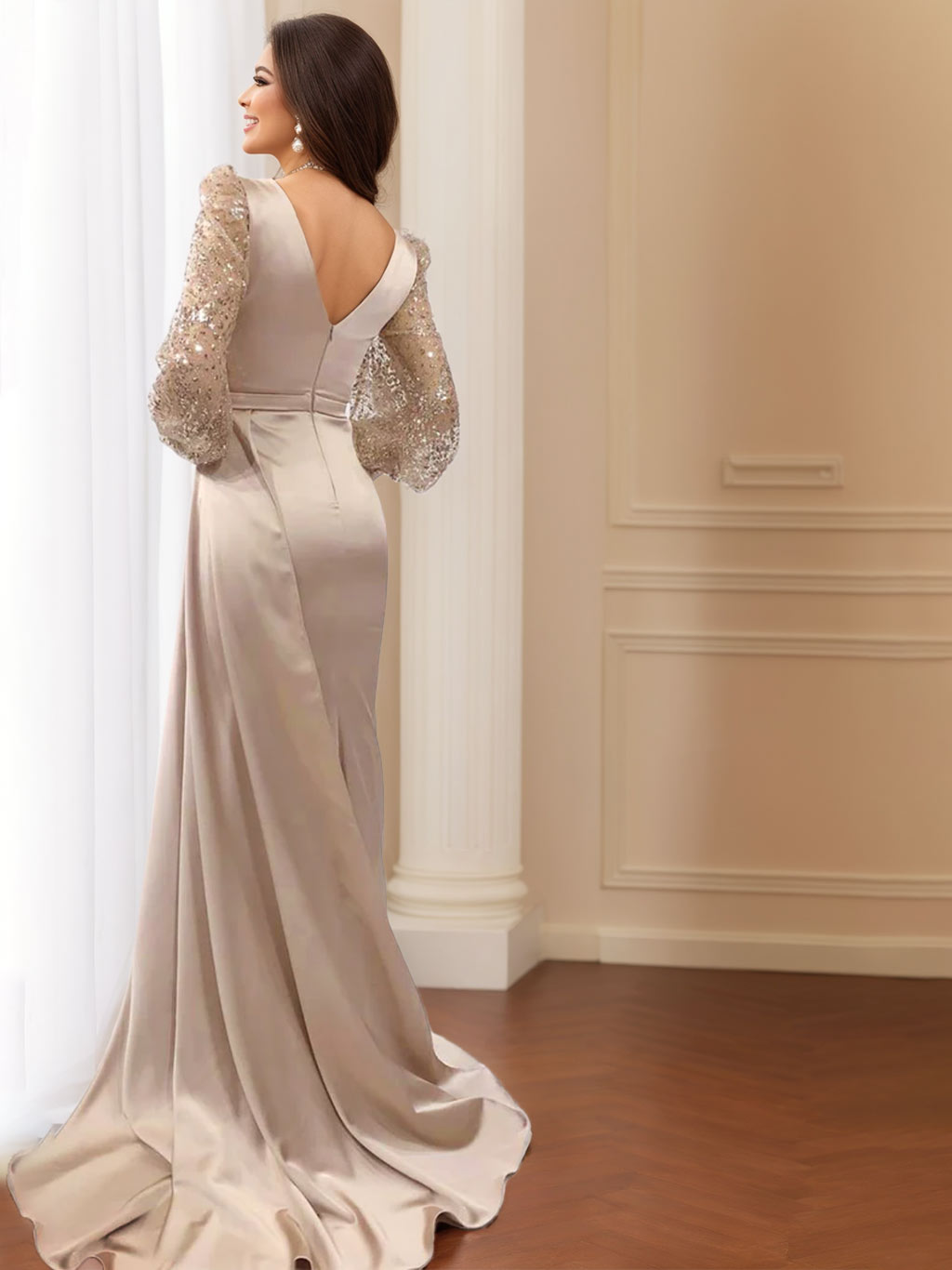 V Neck Long Sleeve Trumpet Mermaid Mother of the Bride Dress with Side Split and Ruched Detail