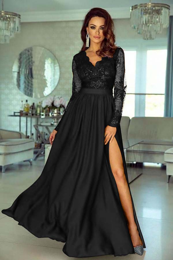 V Neck Long Sleeve Wedding Guest Dress Lace A Line Long Evening Formal Dress With Side Split