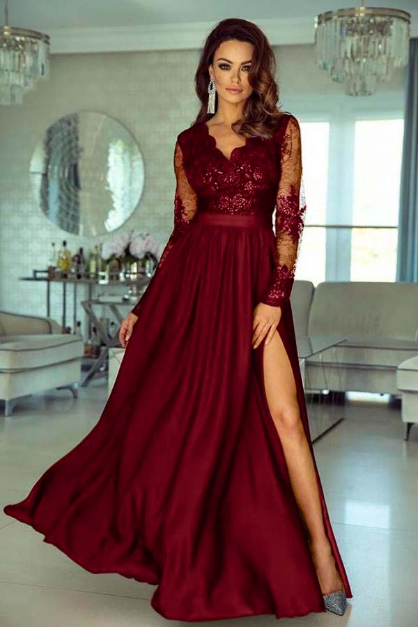 V Neck Long Sleeve Wedding Guest Dress Lace A Line Long Evening Formal Dress With Side Split