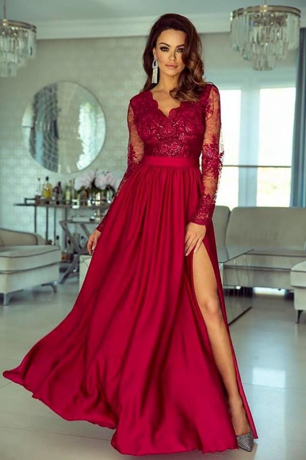 V Neck Long Sleeve Wedding Guest Dress Lace A Line Long Evening Formal Dress With Side Split