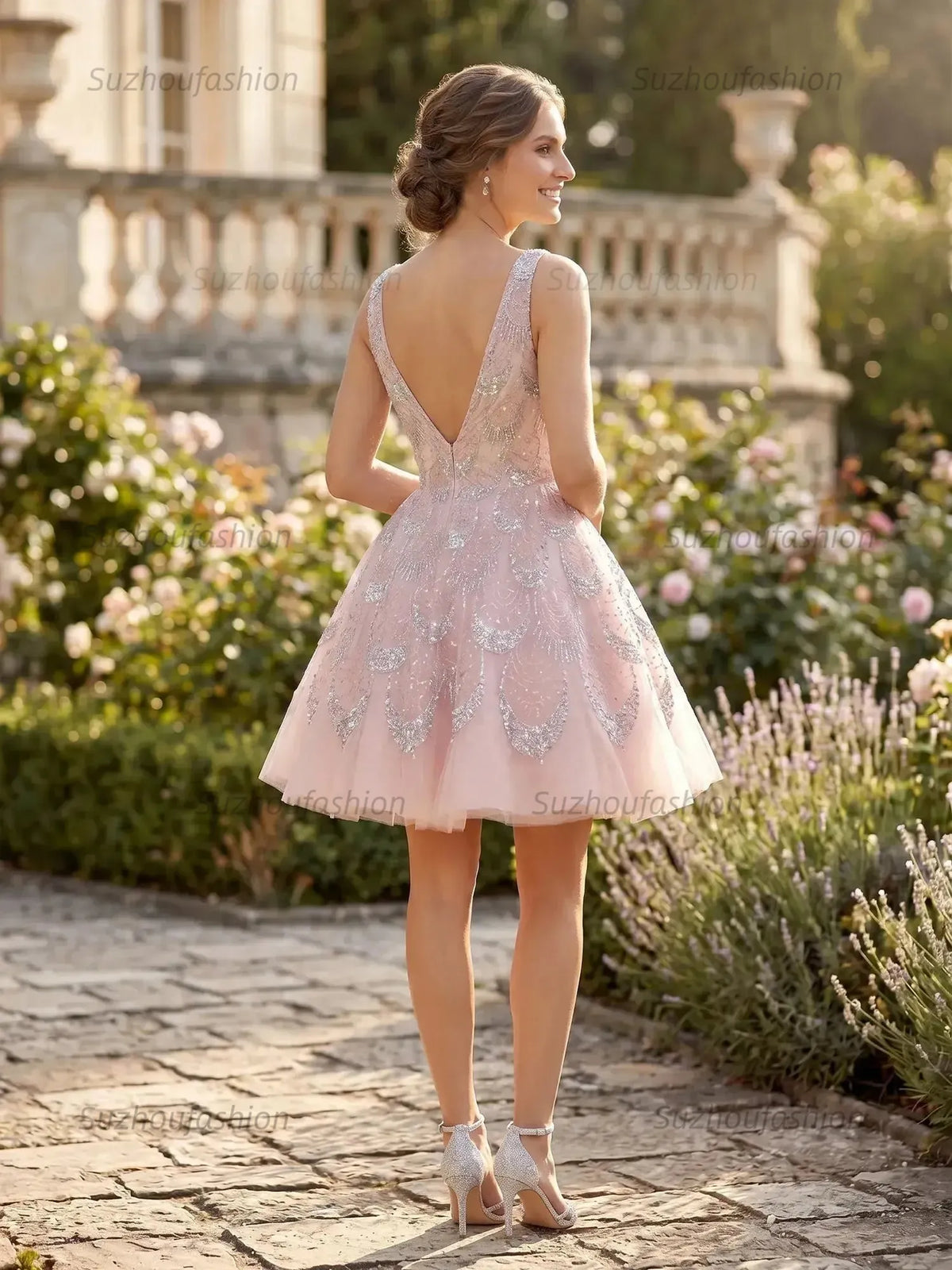 Suzhoufashion V-Neck Mini Dress with Allover Sequined Petals Homecoming Dresses