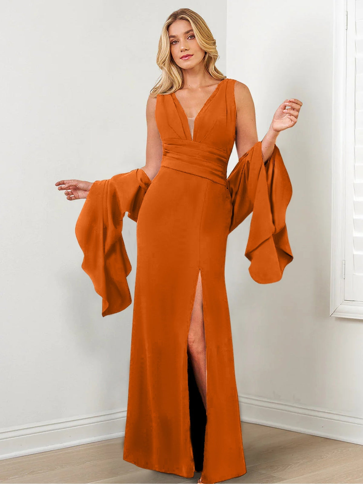 V Neck Mother of the Bride Column Dress with Side Split & Wraps