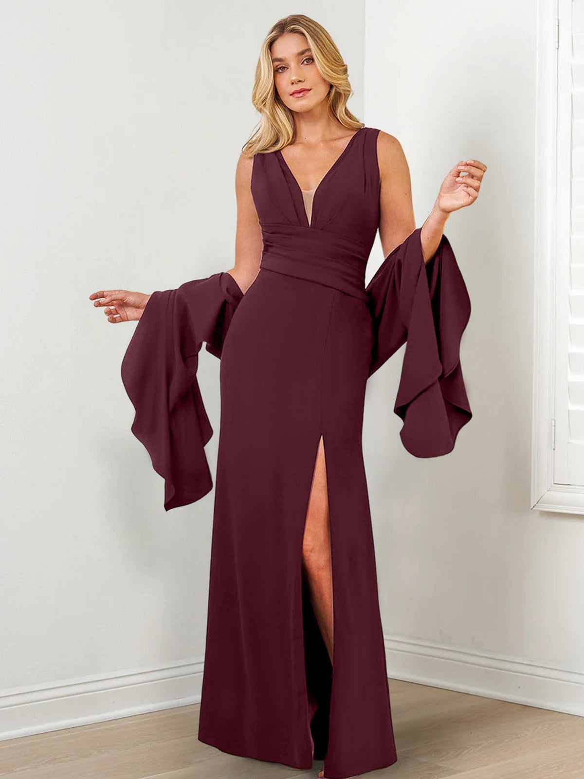 V Neck Mother of the Bride Column Dress with Side Split & Wraps