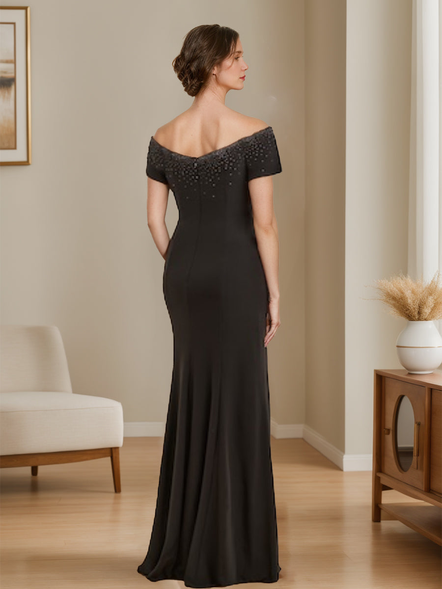 V Neck Mother of the Bride Sheath Column Dress with Beading Side Split and Ruffles