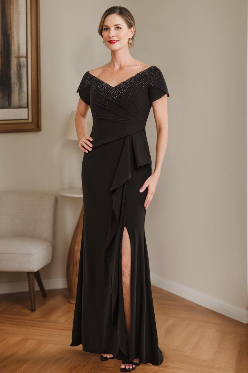 V Neck Mother of the Bride Sheath Column Dress with Beading Side Split and Ruffles