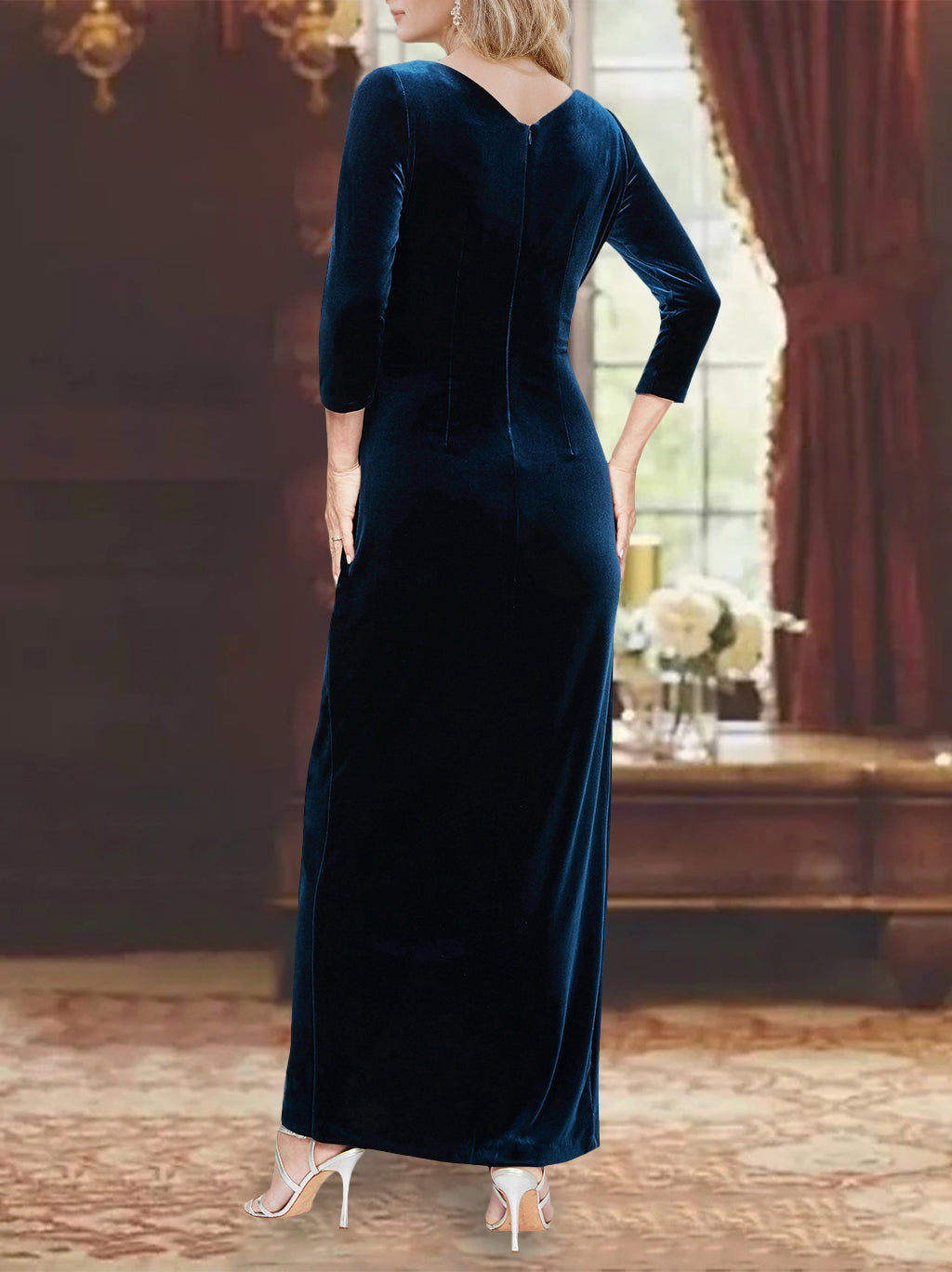 V Neck A Line Asymmetrical Mother of the Bride Dress with 3/4 Sleeves and Ruffles