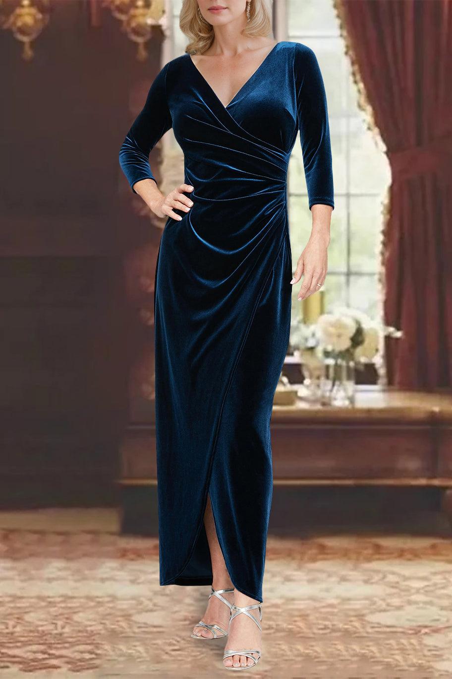 V Neck A Line Asymmetrical Mother of the Bride Dress with 3/4 Sleeves and Ruffles