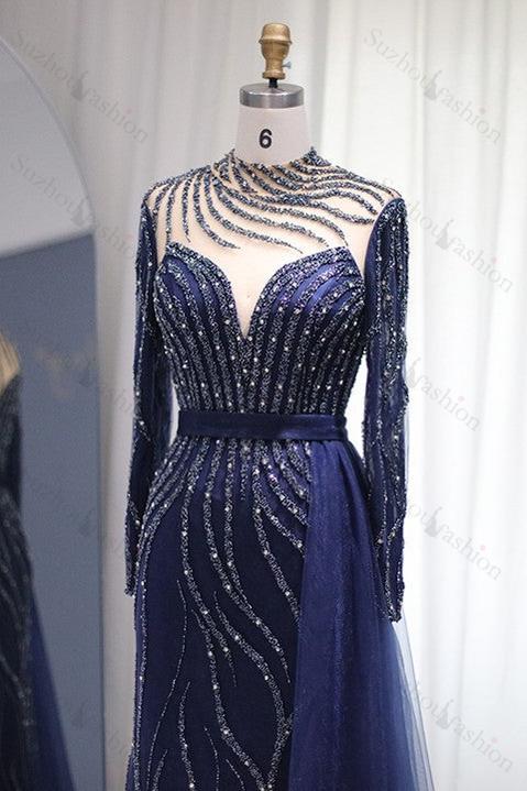 V Neck Prom Dress Long Sleeves Long Evening Formal Dress Tulle Ruffled With Appliques
