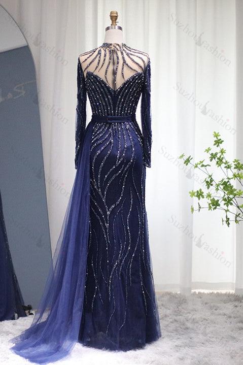V Neck Prom Dress Long Sleeves Long Evening Formal Dress Tulle Ruffled With Appliques