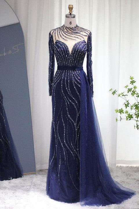 V Neck Prom Dress Long Sleeves Long Evening Formal Dress Tulle Ruffled With Appliques