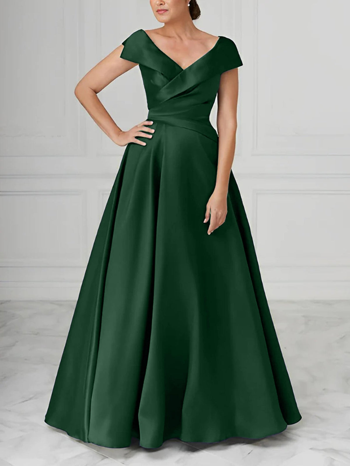 V Neck Satin A Line Mother of the Bride Dress with Ruched Details