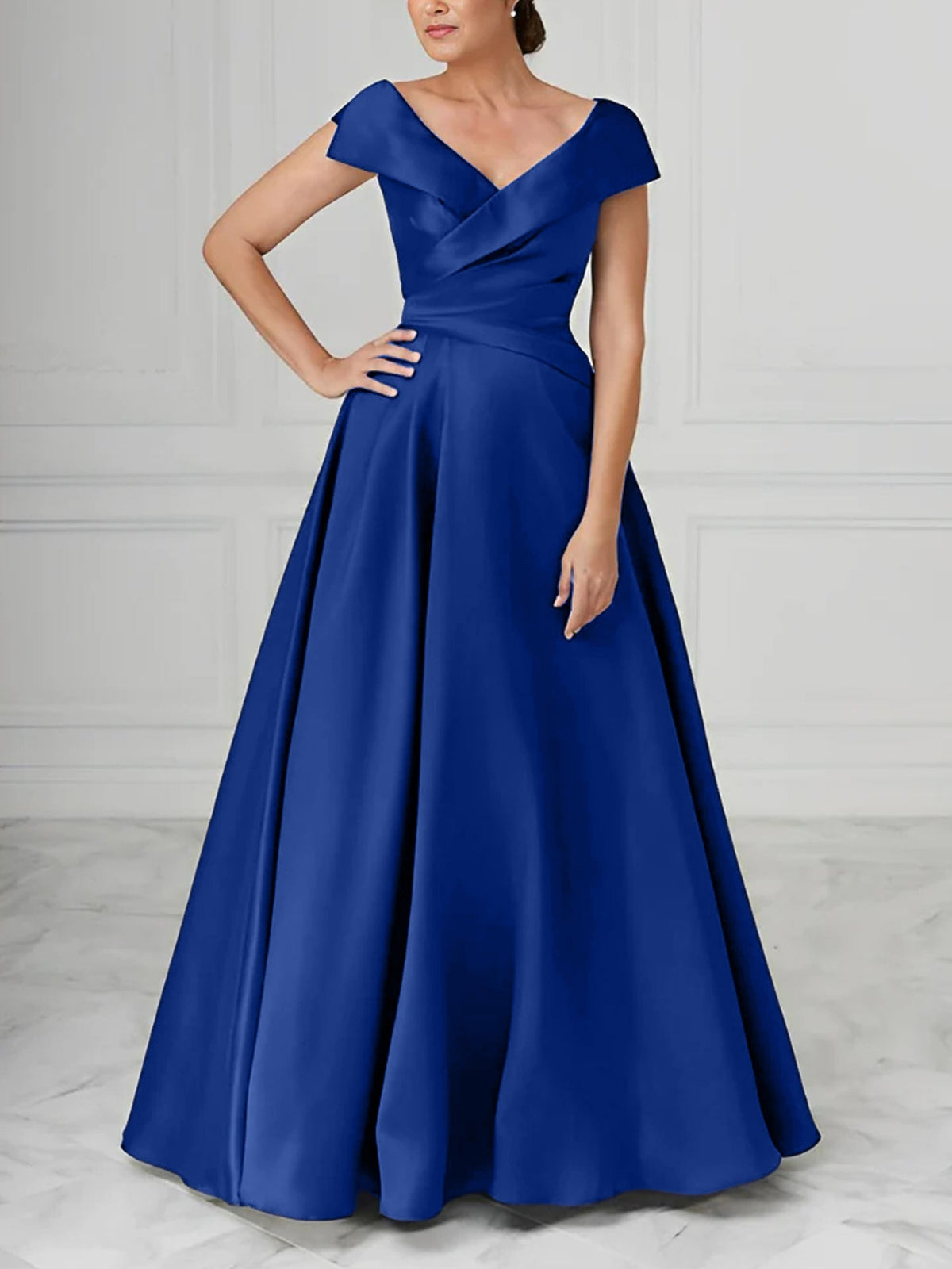 V Neck Satin A Line Mother of the Bride Dress with Ruched Details