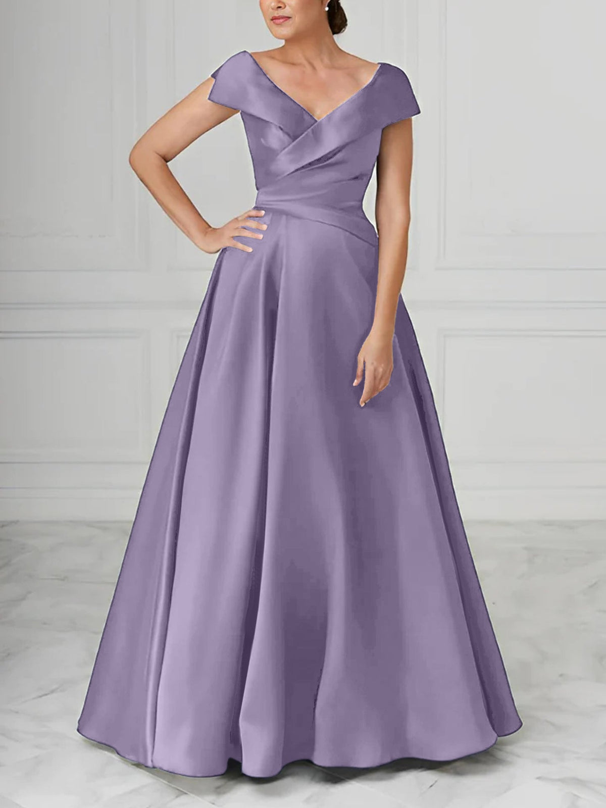 V Neck Satin A Line Mother of the Bride Dress with Ruched Details