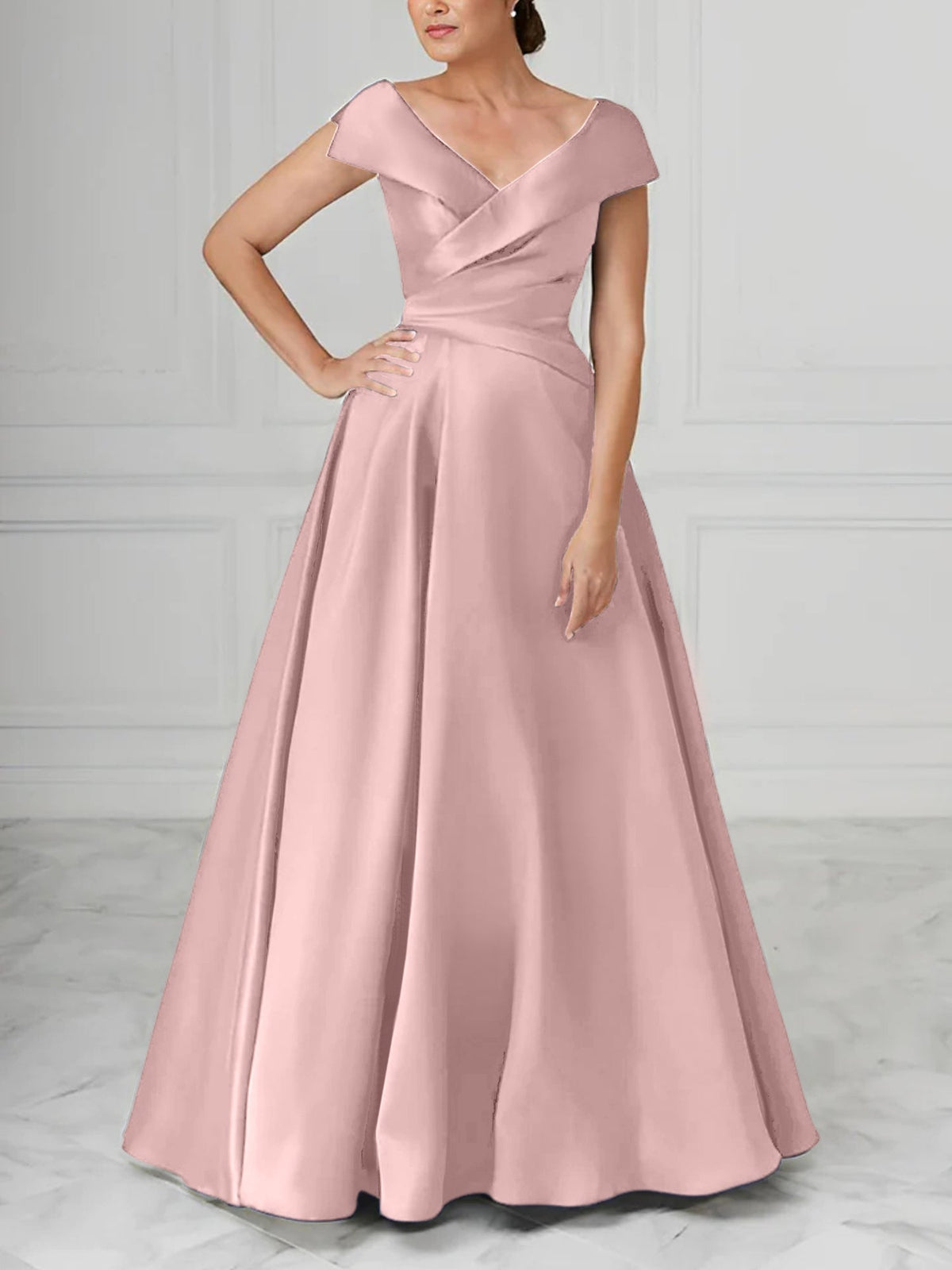 V Neck Satin A Line Mother of the Bride Dress with Ruched Details