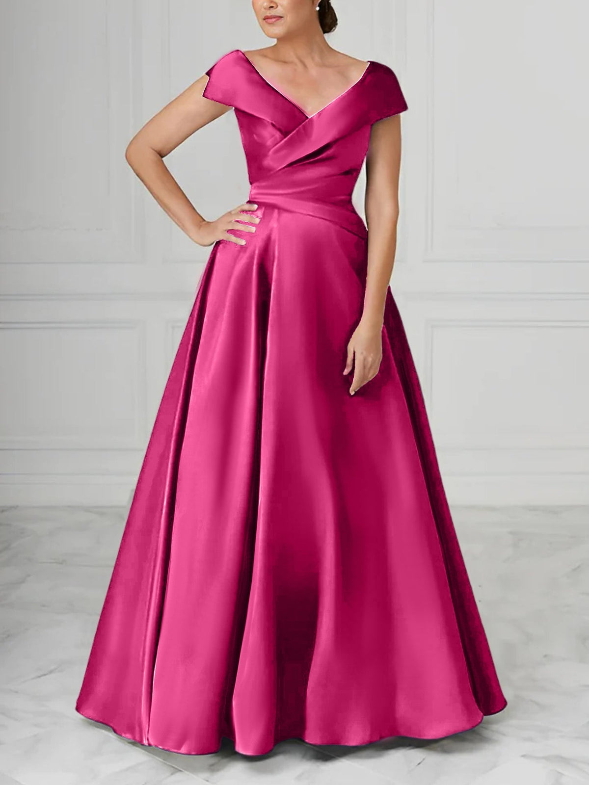V Neck Satin A Line Mother of the Bride Dress with Ruched Details