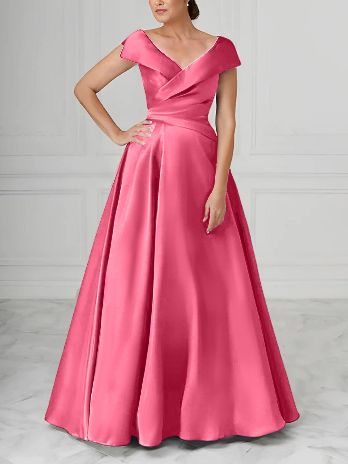 V Neck Satin A Line Mother of the Bride Dress with Ruched Details