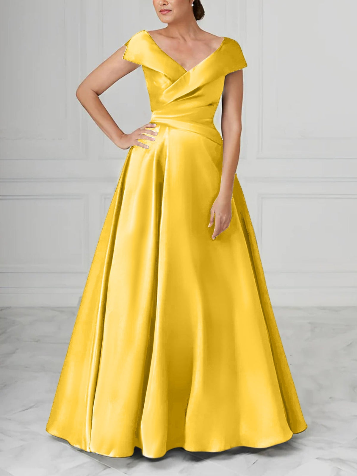 V Neck Satin A Line Mother of the Bride Dress with Ruched Details