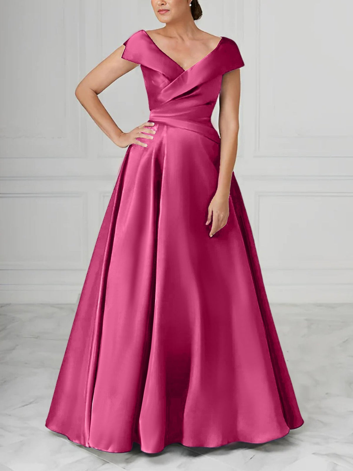 V Neck Satin A Line Mother of the Bride Dress with Ruched Details