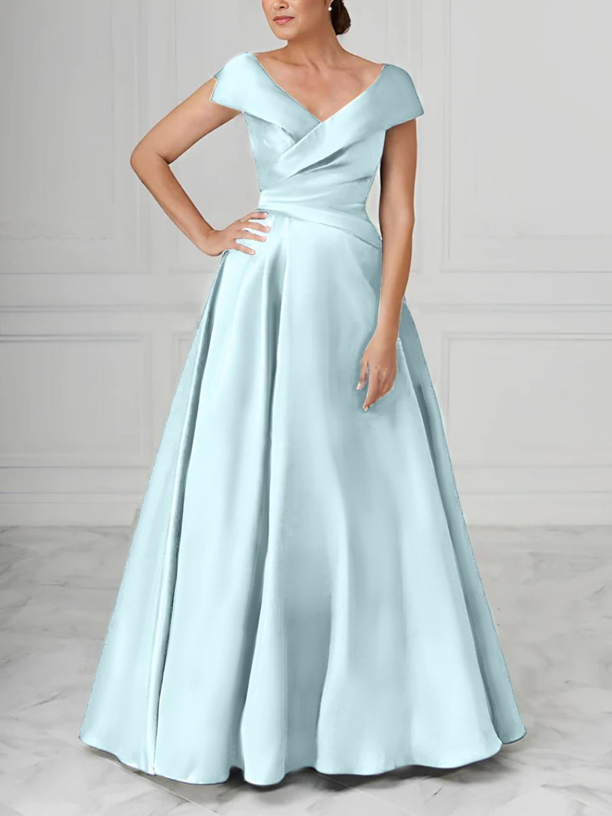 V Neck Satin A Line Mother of the Bride Dress with Ruched Details
