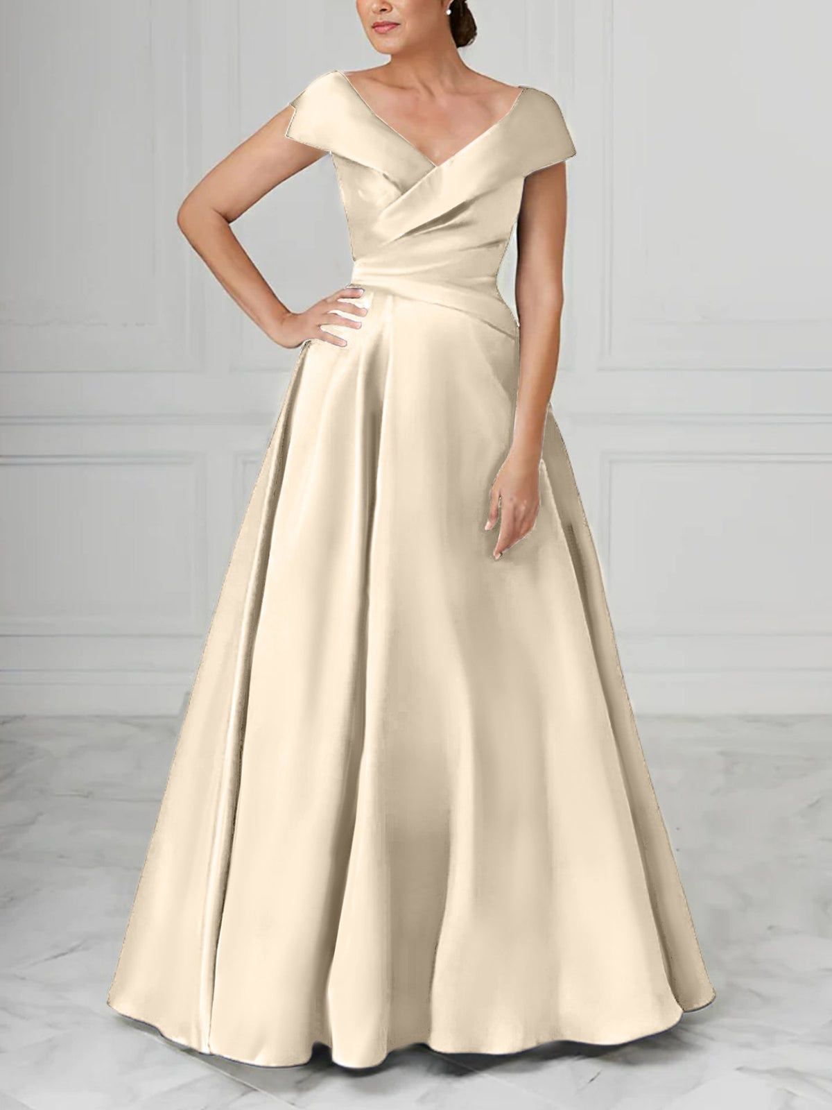 V Neck Satin A Line Mother of the Bride Dress with Ruched Details