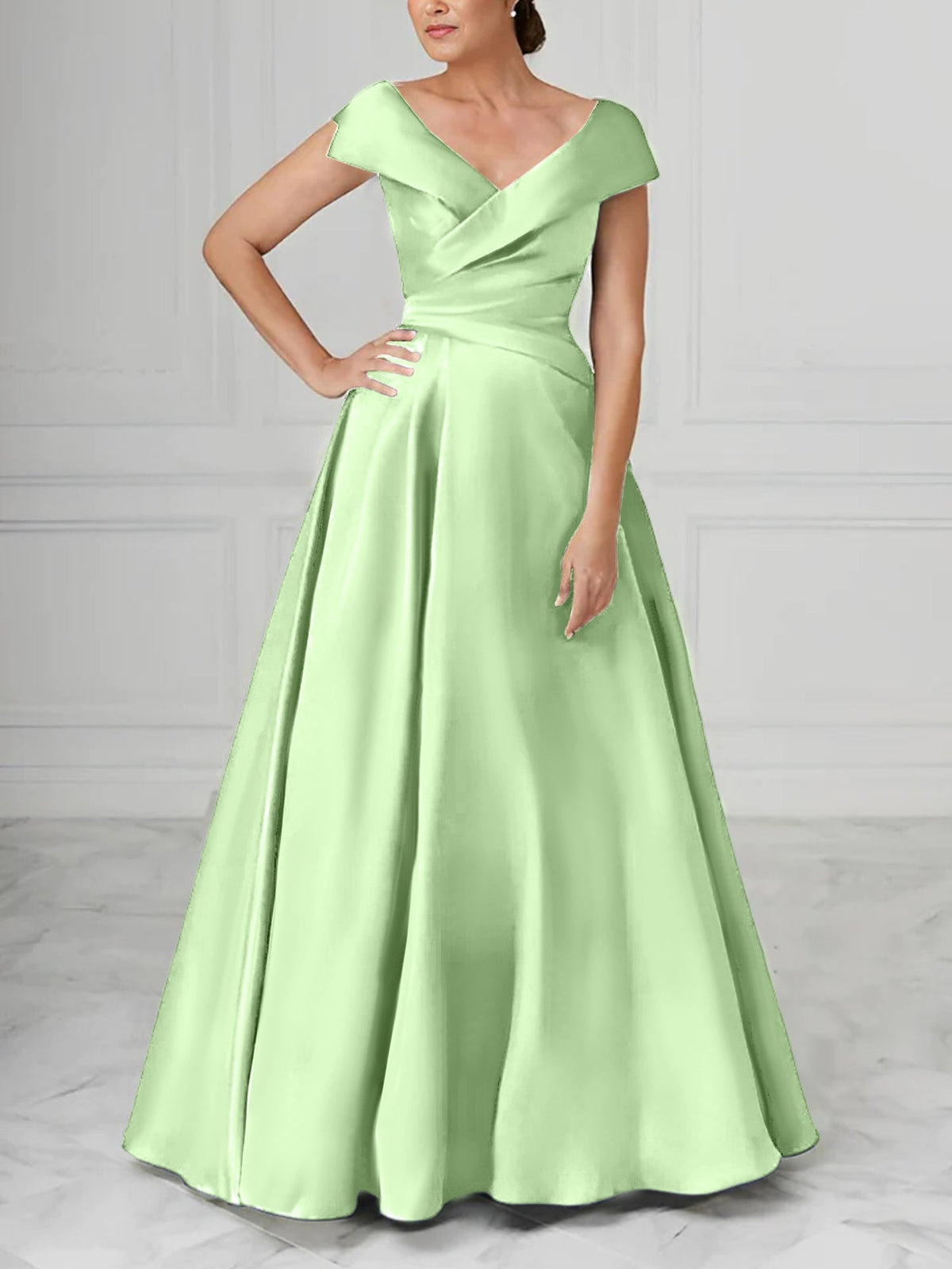 V Neck Satin A Line Mother of the Bride Dress with Ruched Details