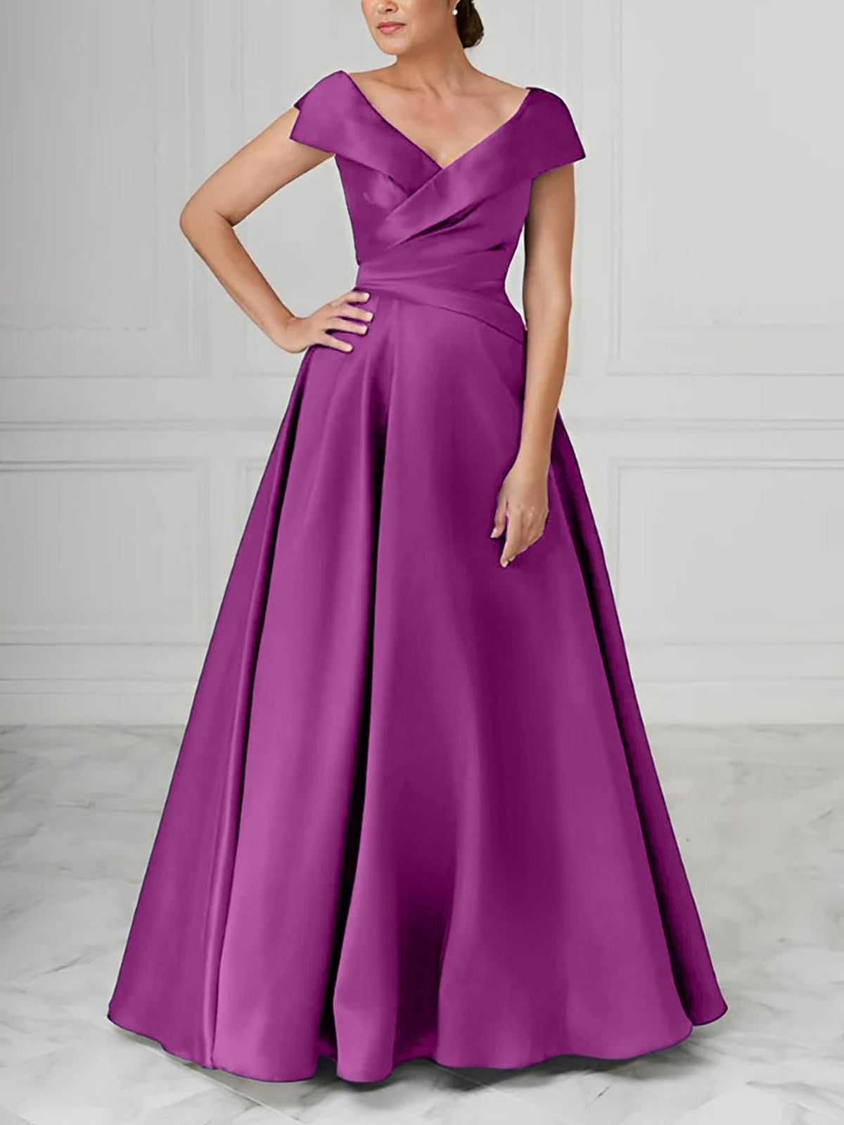 V Neck Satin A Line Mother of the Bride Dress with Ruched Details