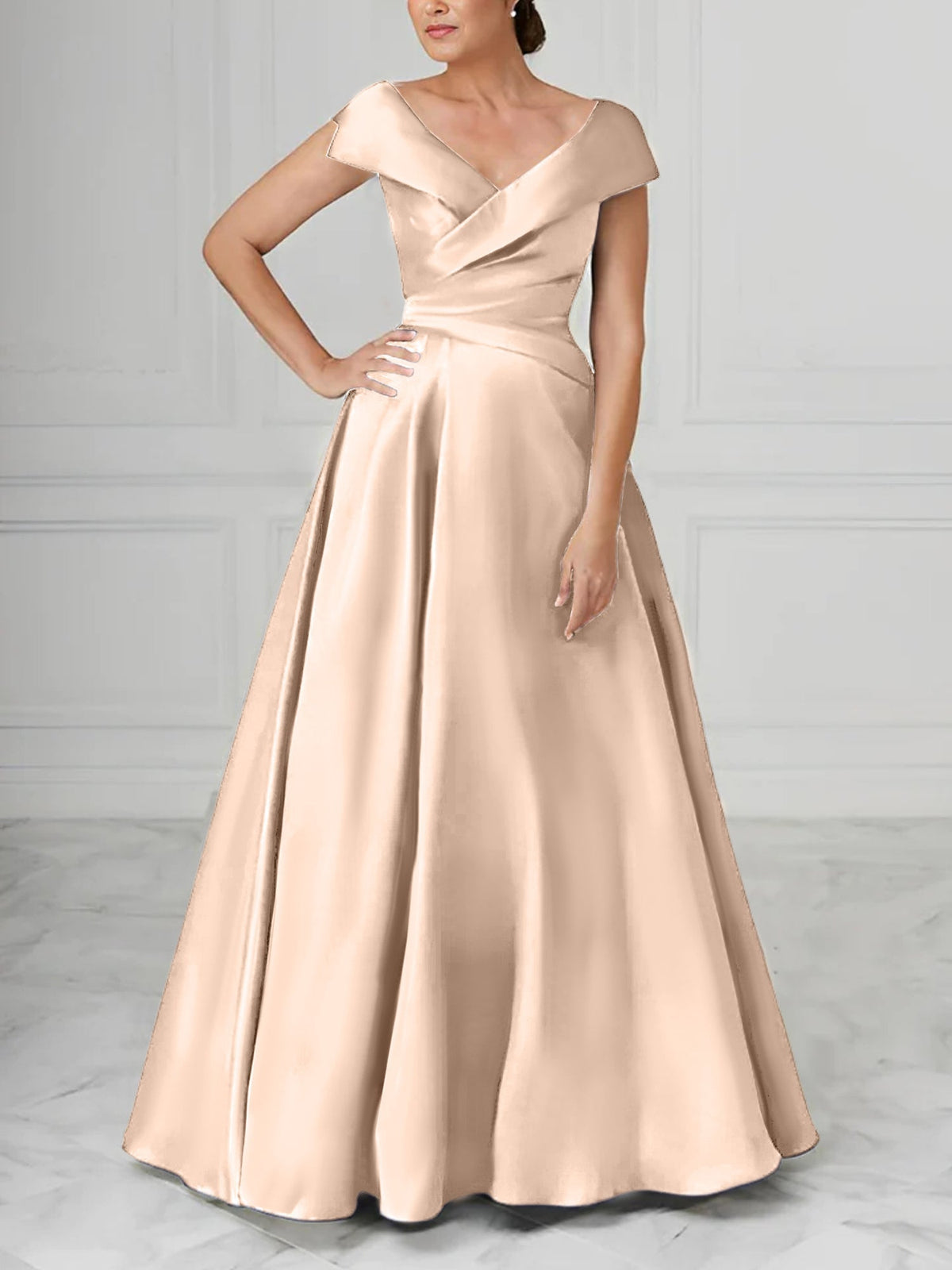 V Neck Satin A Line Mother of the Bride Dress with Ruched Details
