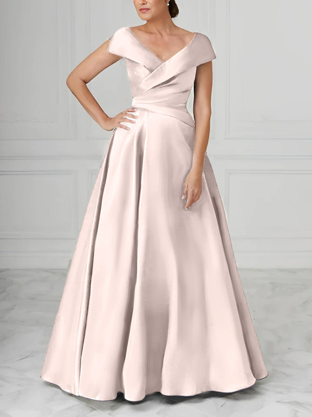 V Neck Satin A Line Mother of the Bride Dress with Ruched Details