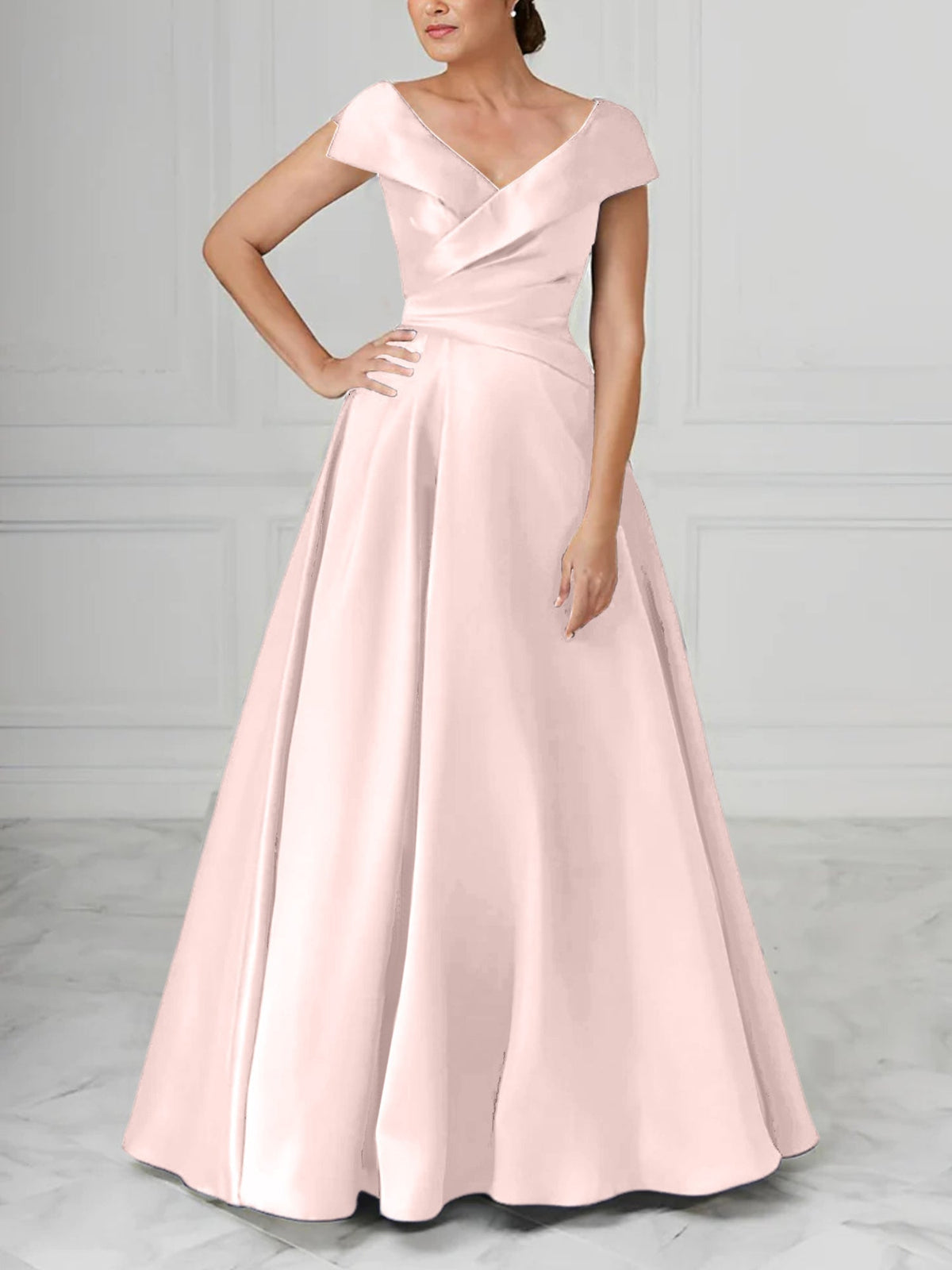 V Neck Satin A Line Mother of the Bride Dress with Ruched Details