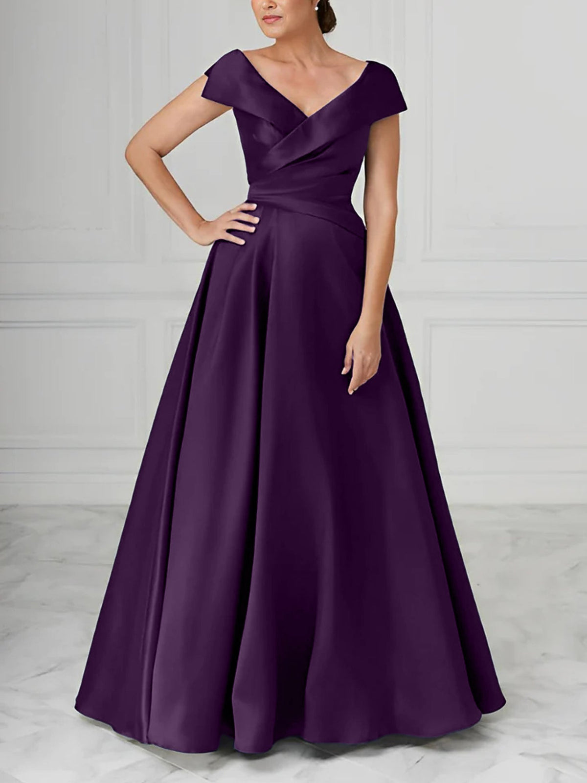 V Neck Satin A Line Mother of the Bride Dress with Ruched Details
