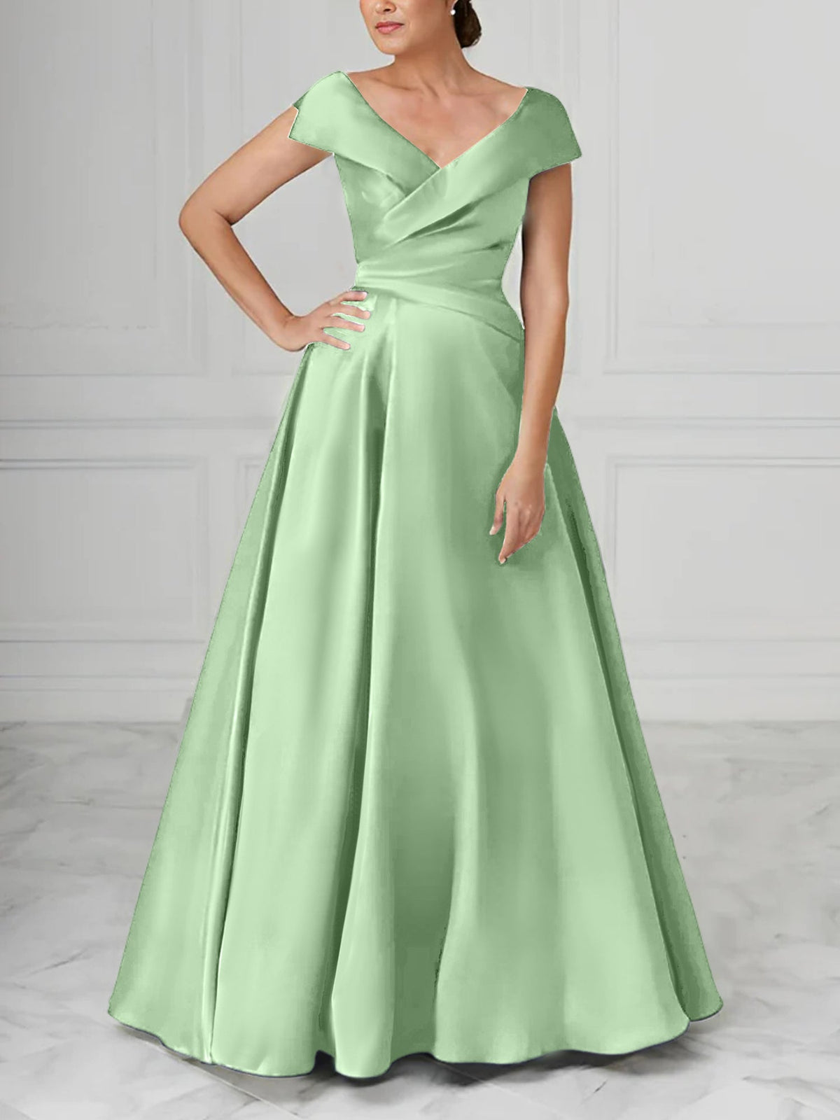 V Neck Satin A Line Mother of the Bride Dress with Ruched Details