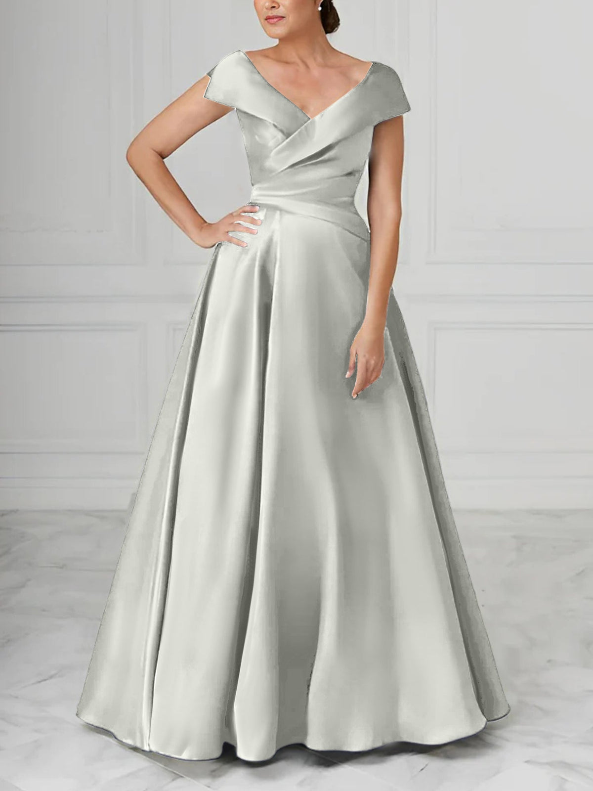 V Neck Satin A Line Mother of the Bride Dress with Ruched Details