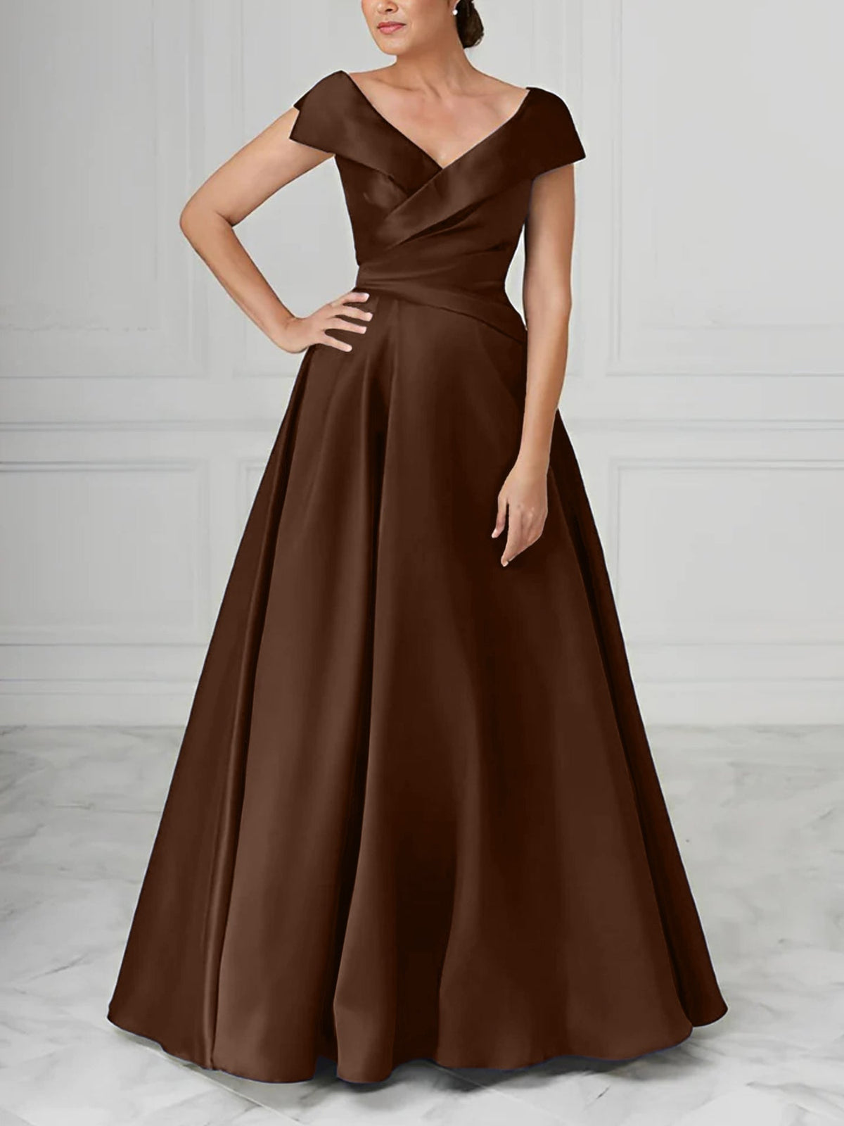 V Neck Satin A Line Mother of the Bride Dress with Ruched Details