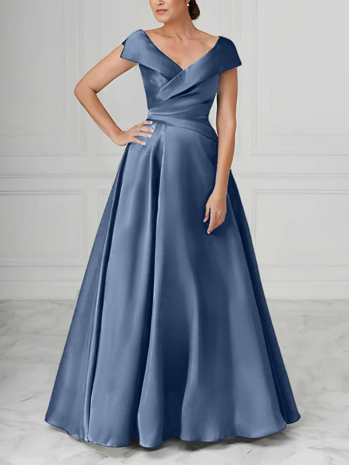 V Neck Satin A Line Mother of the Bride Dress with Ruched Details