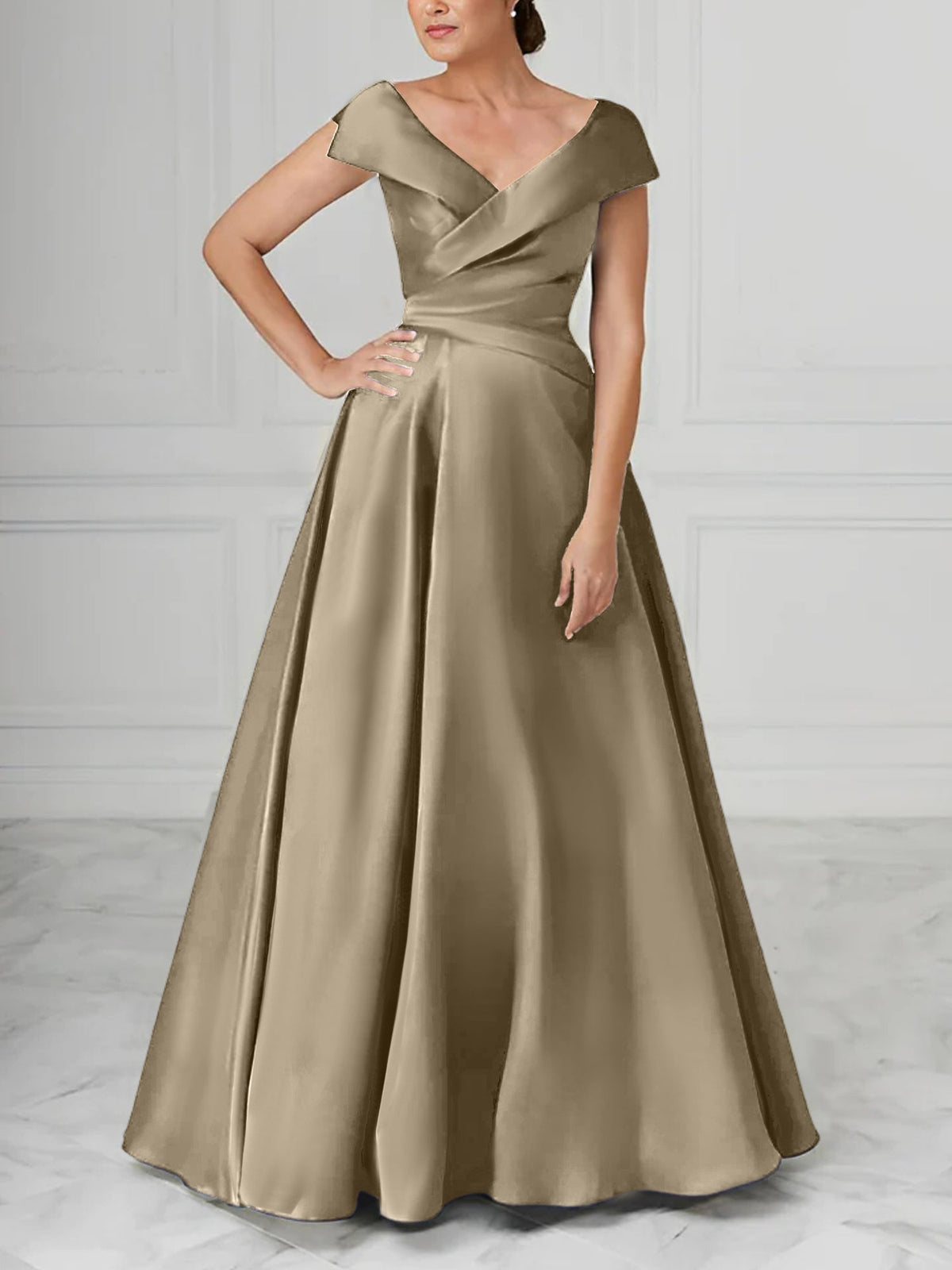 V Neck Satin A Line Mother of the Bride Dress with Ruched Details