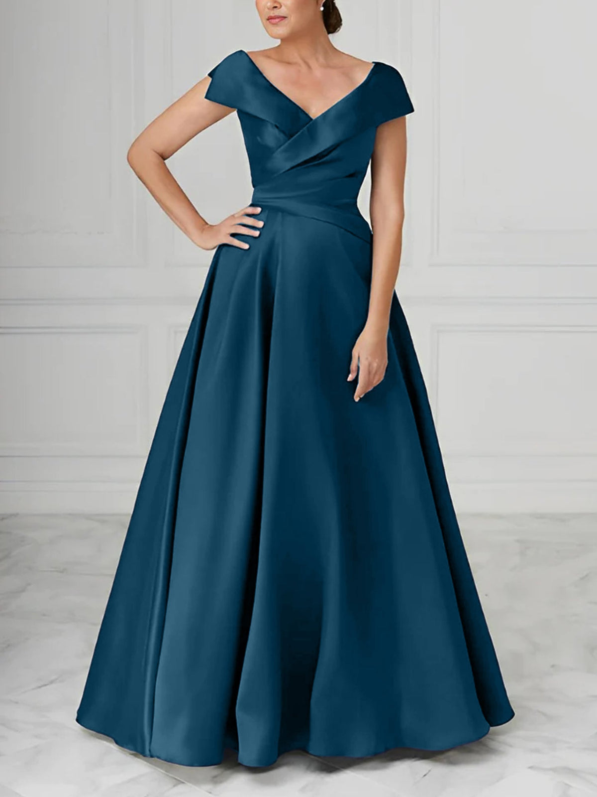 V Neck Satin A Line Mother of the Bride Dress with Ruched Details