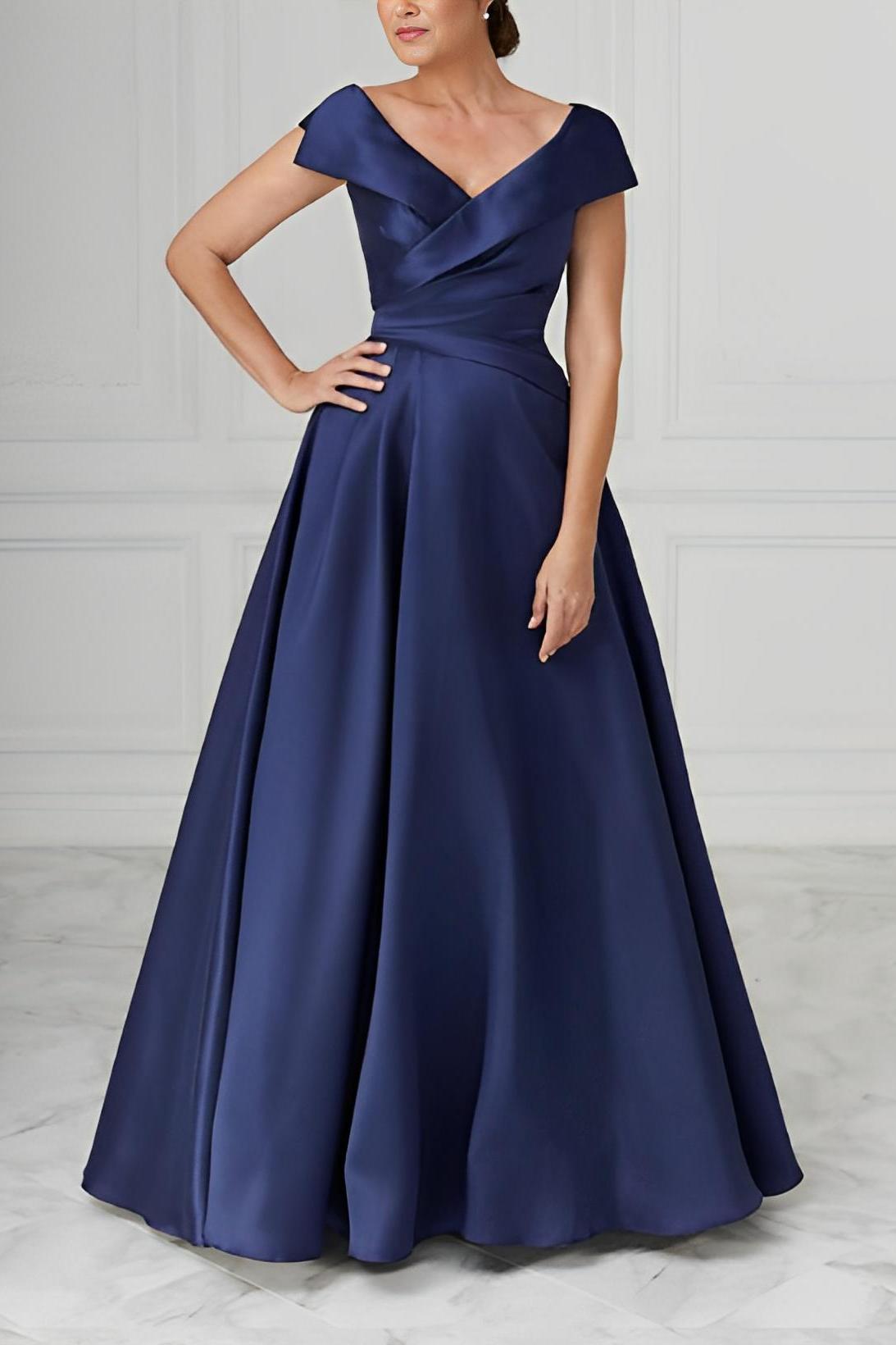 V Neck Satin A Line Mother of the Bride Dress with Ruched Details