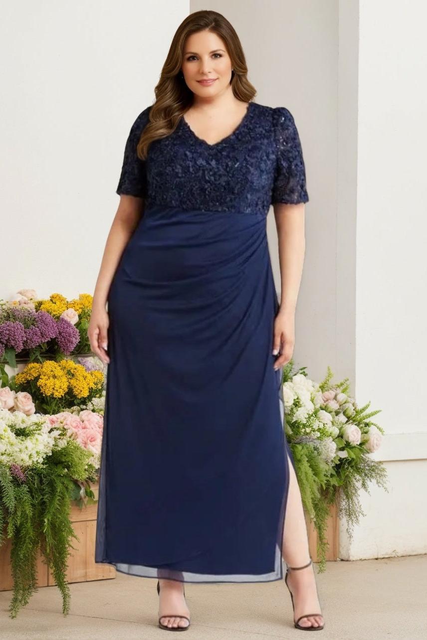 V Neck Short Sleeve Ankle Length Plus Size Sheath Column Mother of the Bride Dress with Sequins & Ruches