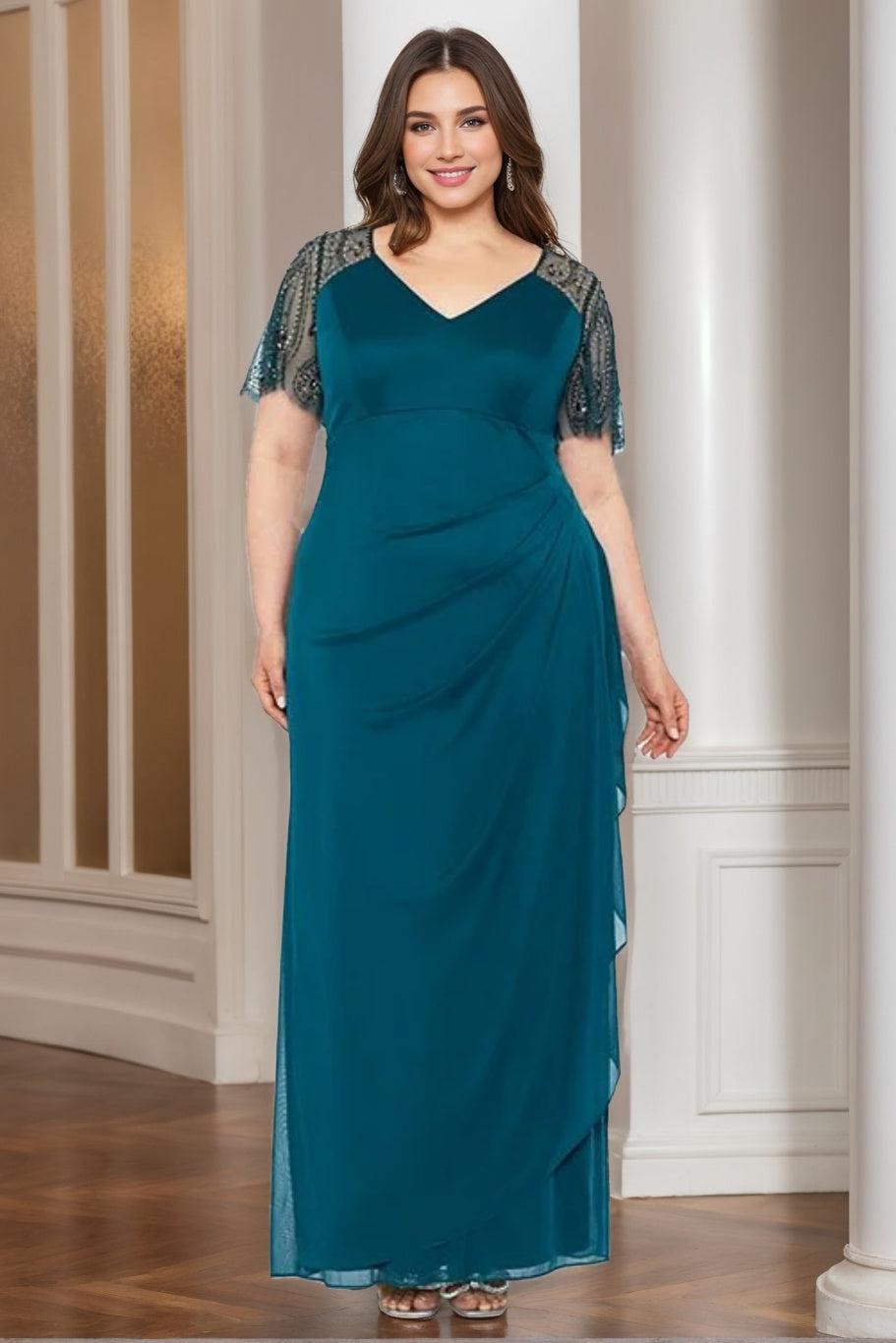 V Neck Short Sleeve Beaded Lace Ankle Length Plus Size Mother of the Bride Sheath Dress
